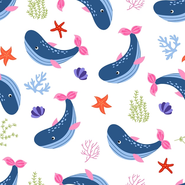 Seamless pattern with whales Handdrawn style Design for decorating a nursery