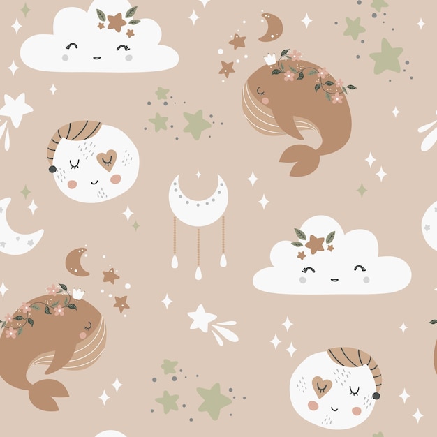 Seamless pattern with whales and moon in Scandinavian style Cute baby animals Pattern for children with whales