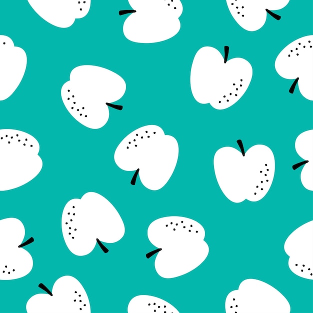 Seamless pattern with white apples and teal background.