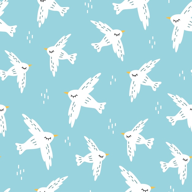 벡터 파란색 배경에 흰색 만화 새와 함께 완벽 한 패턴