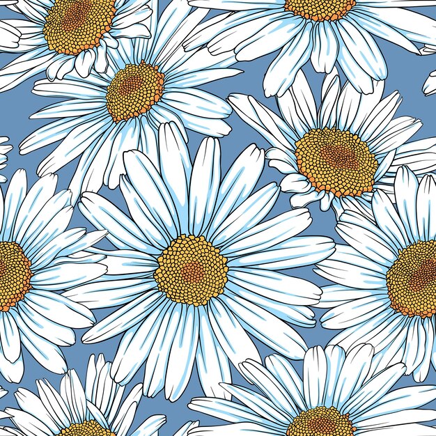 Seamless pattern with white chamomile on blue background