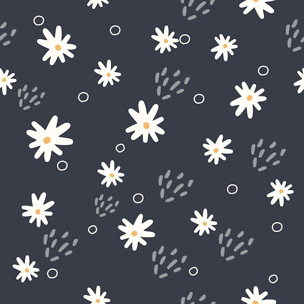 Seamless pattern with white chamomiles and abstrakt elements