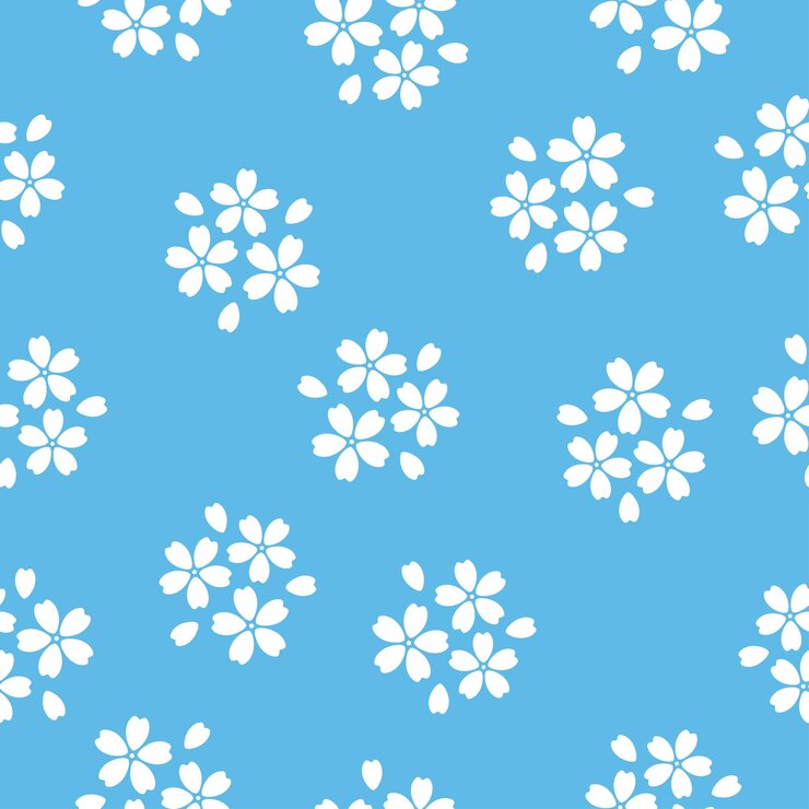 Vector seamless pattern with white cherry flowers and blue background