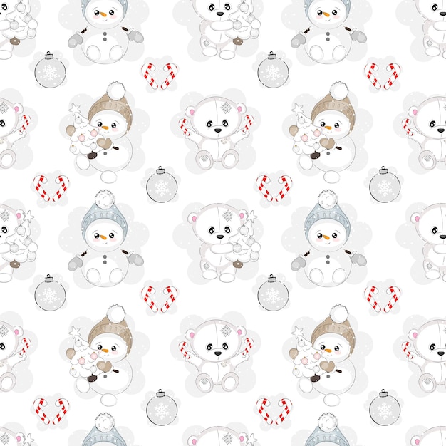 Seamless pattern with white Christmas bear and snowman vector illustration