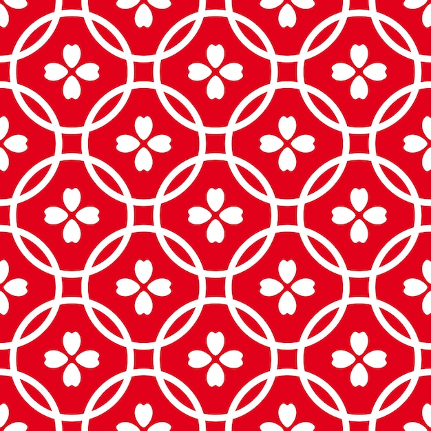 Modello senza cuciture con cerchi bianchi e fiori e sfondo rosso. modello senza cuciture piastrelle geometriche