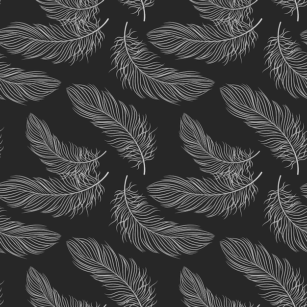 Seamless pattern with white delicate feathers on a dark background Background textile vector