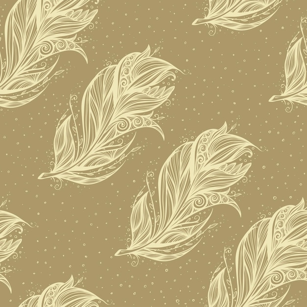 Seamless pattern with white feathers on brown background