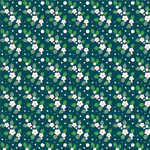 Seamless pattern with white flowers on a dark green background.