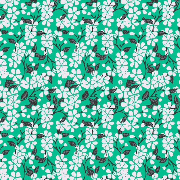 Seamless pattern with white flowers on a green background.