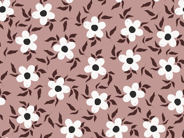 seamless pattern with white flowers and leaves on a beige background.