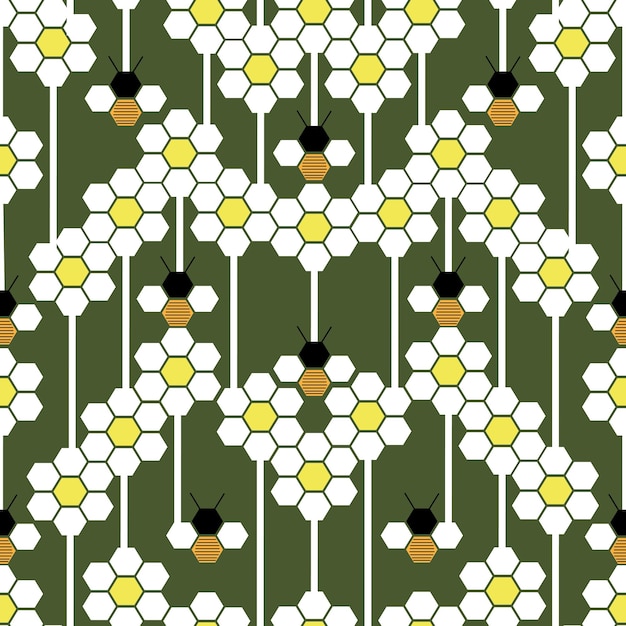 Vector seamless pattern with white geometric flowers and bees on one color background green