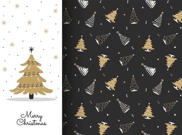 Seamless pattern with white and gold christmas tree. New year design for cards, backgrounds, fabric, wrapping paper.