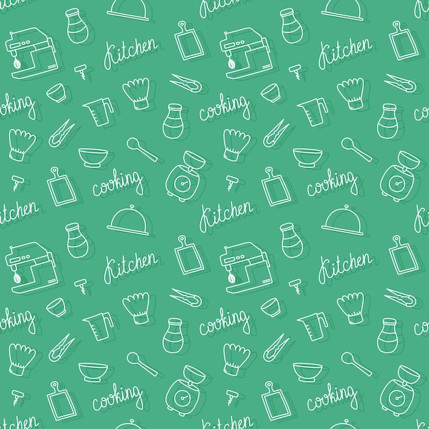 Seamless pattern with white hand drawn sketchy kitchenware, cooking tools on green background.