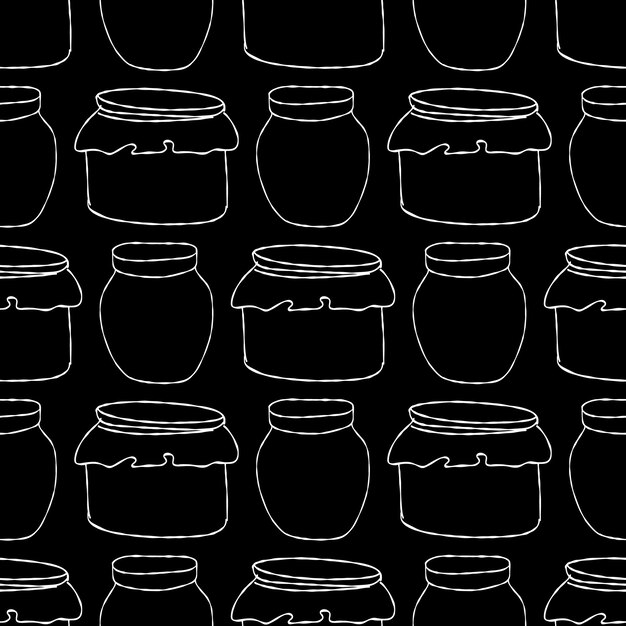 Seamless pattern with white jars of jam illustration on black background