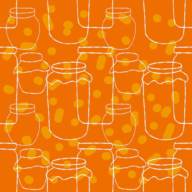オレンジ色の背景にジャムのイラストの白い線の瓶とのシームレスなパターン