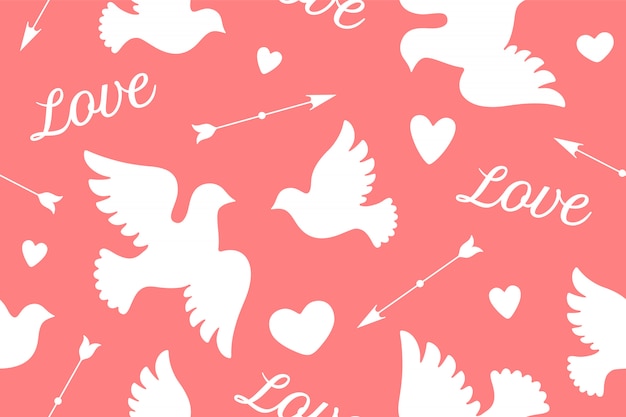 Seamless pattern with white love doves