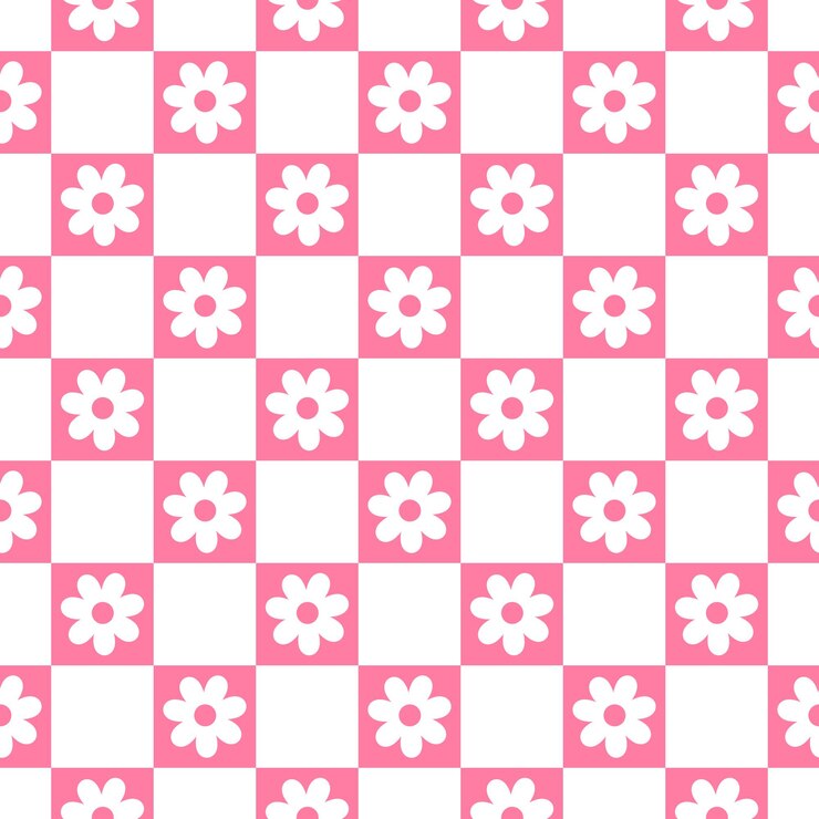 Vector seamless pattern with white and pink checkerboard and flowers