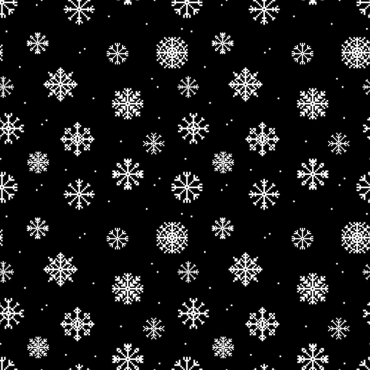 Vector seamless pattern with white pixel snowflakes on black background winter background