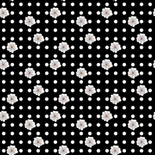 Seamless pattern with white polka dots with cherry blossom on a black background Design for packagi