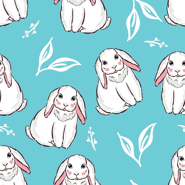 Seamless pattern with white rabbit bunny cartoons and flowers on blue background vector illustration cute childish print