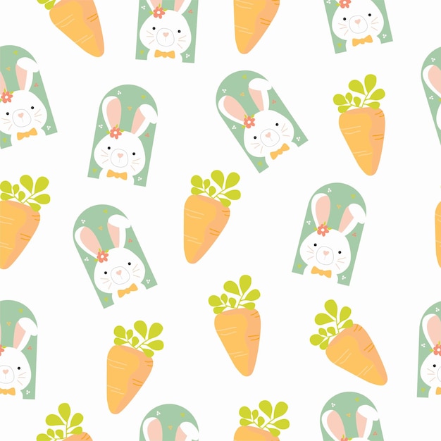 A seamless pattern with white rabbits and carrots.