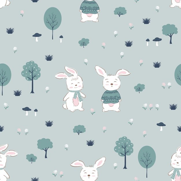 Seamless pattern with white rabbits happy on the garden