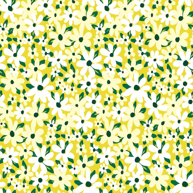 Vector seamless pattern with white sketch daisies leaves on a yellow field cute floral print with small hand drawn flowers romantic botanical background meadow surface vector illustration