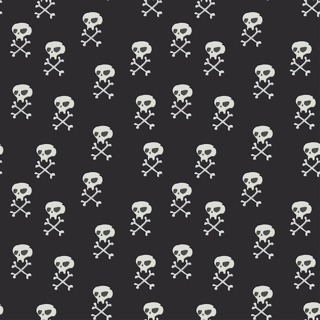 Vector seamless pattern with white skulls with bones on black background cartoon vector illustration