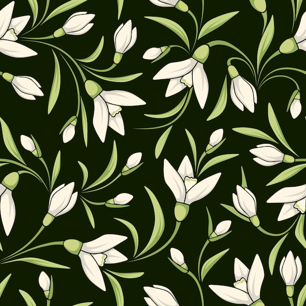 Seamless pattern with white snowdrop flowers. illustration.