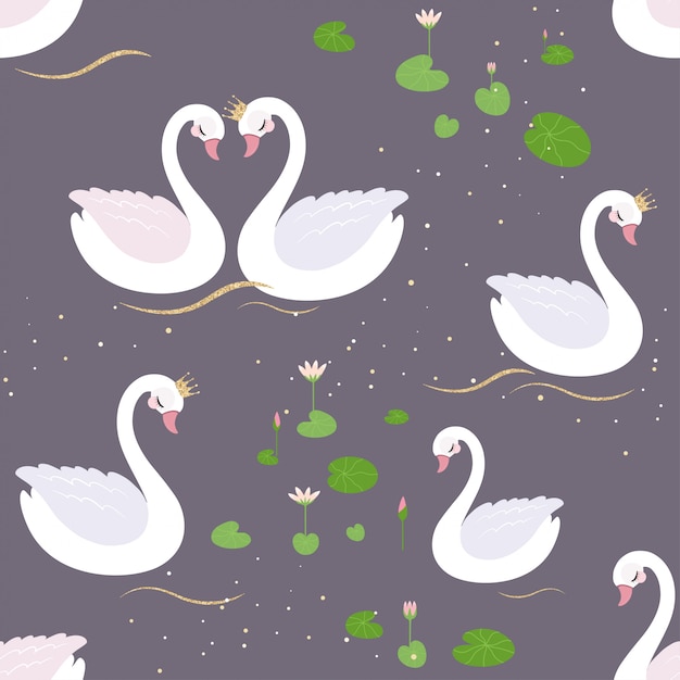 Бесшовный фон с белыми лебедями и водяными лилиями.