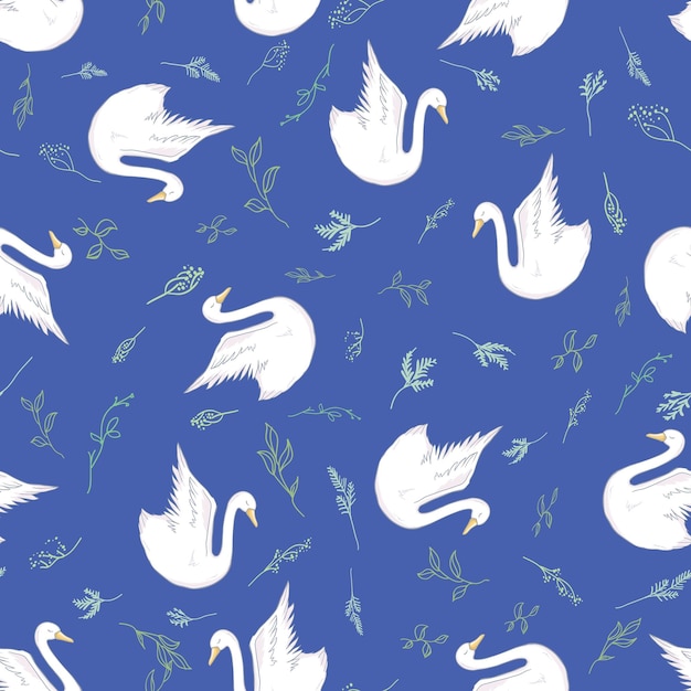 Seamless pattern with white swans White swans on pink background Vector illustration