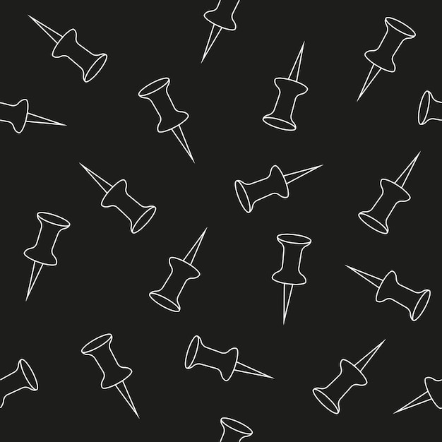 Seamless pattern with white thumbtacks in line art style pin icon on black background. Vector illustration.