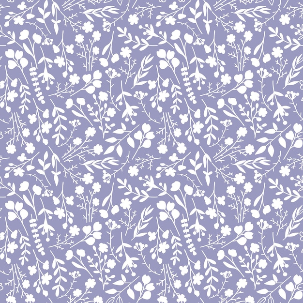 Seamless pattern with white vector doodle floral elements on lilac background