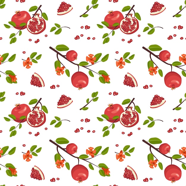 전체 및 반 붉은 석류와 씨앗과 잎이 있는 가지와 함께 완벽 한 패턴입니다. 건강한 과일은 흰색 바탕에 인쇄됩니다. 다이어트에 좋은 음식. 벡터 평면 그림
