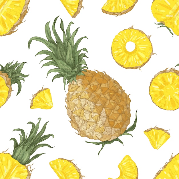 Seamless pattern with whole and cut pineapples on white background. Backdrop with exotic tropical ripe juicy fruit. Realistic illustration for wallpaper, wrapping paper, textile print.