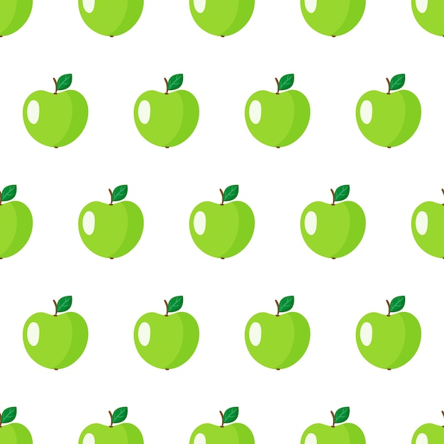 Seamless pattern with whole green apple fruit with leaves isolated on white background