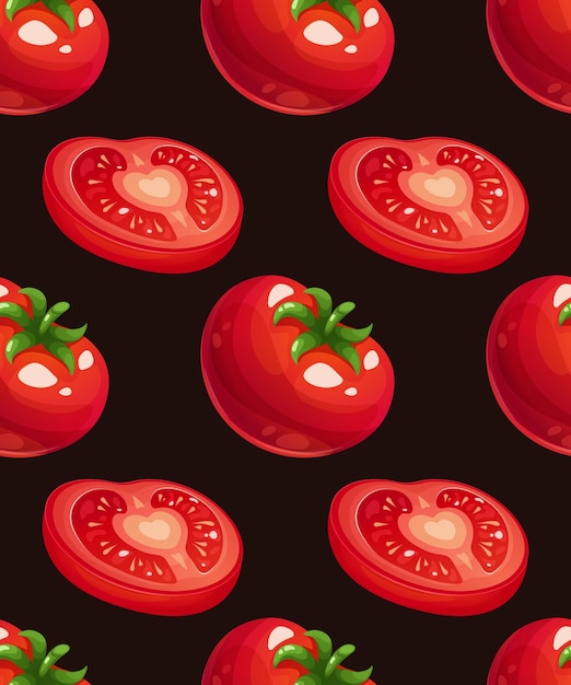 Seamless pattern with whole tomato and slice on dark black background pattern with vegetables
