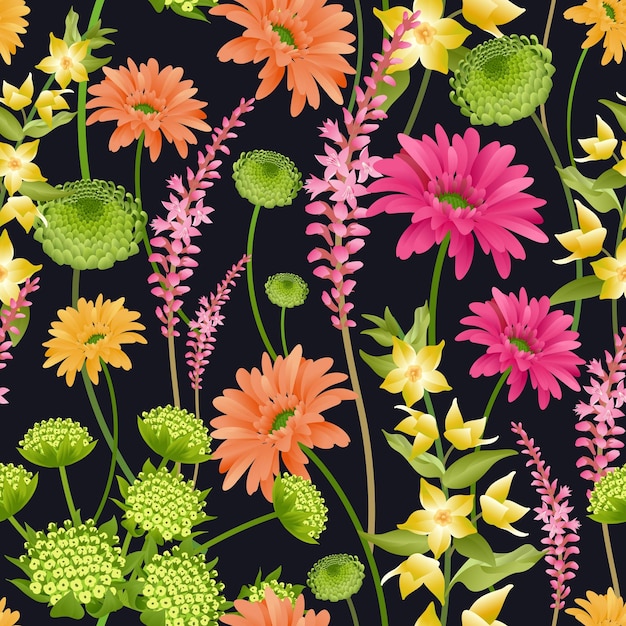 검은 배경에 야생 꽃과 원활한 패턴