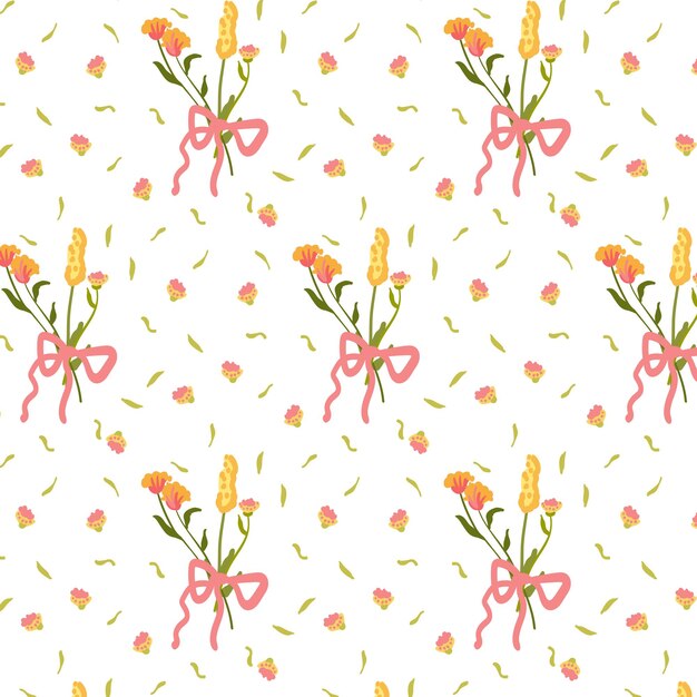 Seamless pattern with wild flowers summer floral background in retro style decorated backdrop for