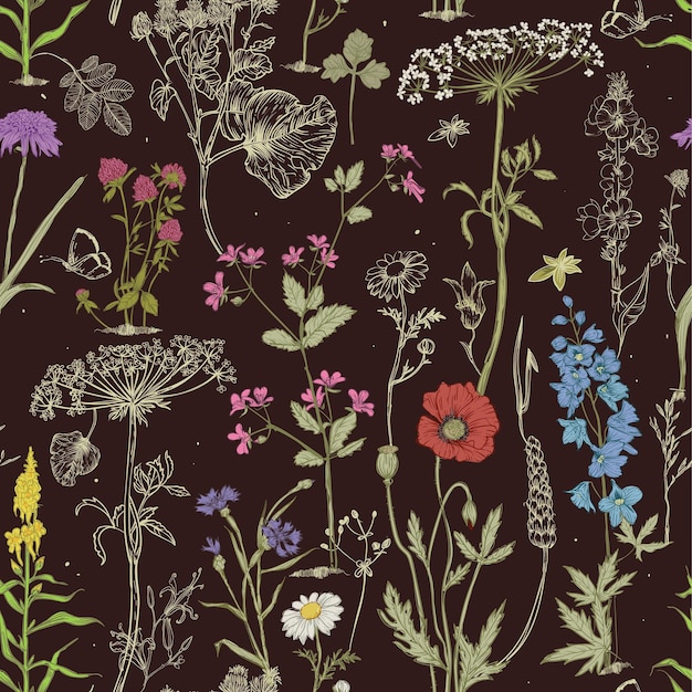 Seamless pattern with wild vector flowers - seamless wallpaper