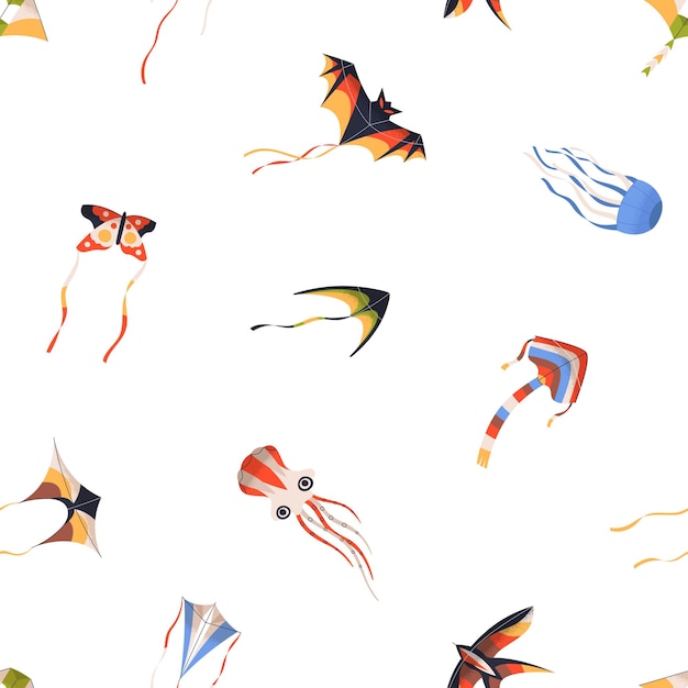 Seamless pattern with wind kites flying. Endless background, texture, repeating print of air paper kids toys of different shapes. Printable flat vector illustration for decoration, textile, wallpaper.