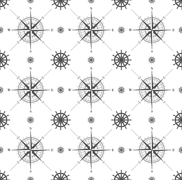 Vector seamless pattern with windroses and steering wheels isolated on white vector illustration