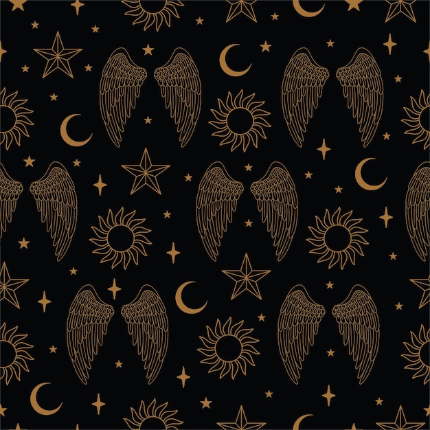 Seamless Pattern with Wings and Stars in Vector