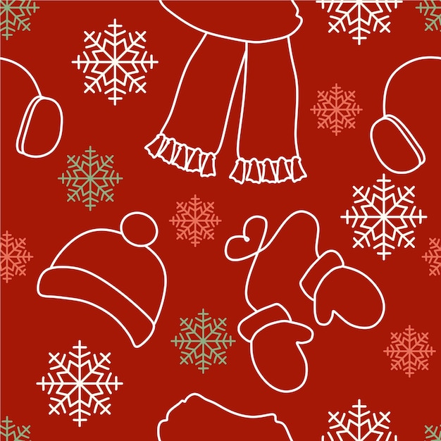 Seamless pattern with Winter clothes Scarf Hat Mittens and Headphones on the background with snowflakes Line art or Outline style Vector Endless illustration for Template Fabric Textile Banner