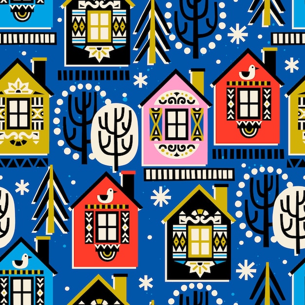 Seamless pattern with winter houses trees and snowflakes