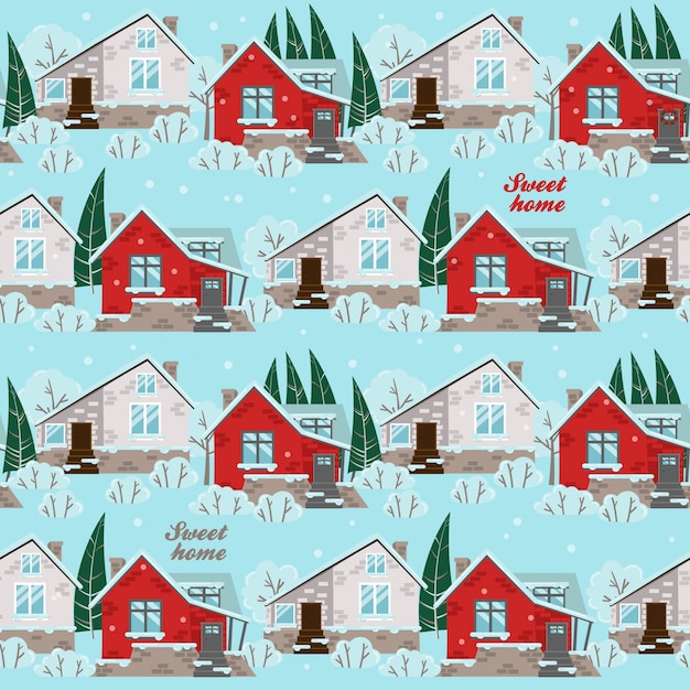 Seamless pattern with winter houses