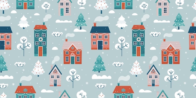 Seamless pattern with winter landscape and houses Seamless background for Christmas and winter holidays