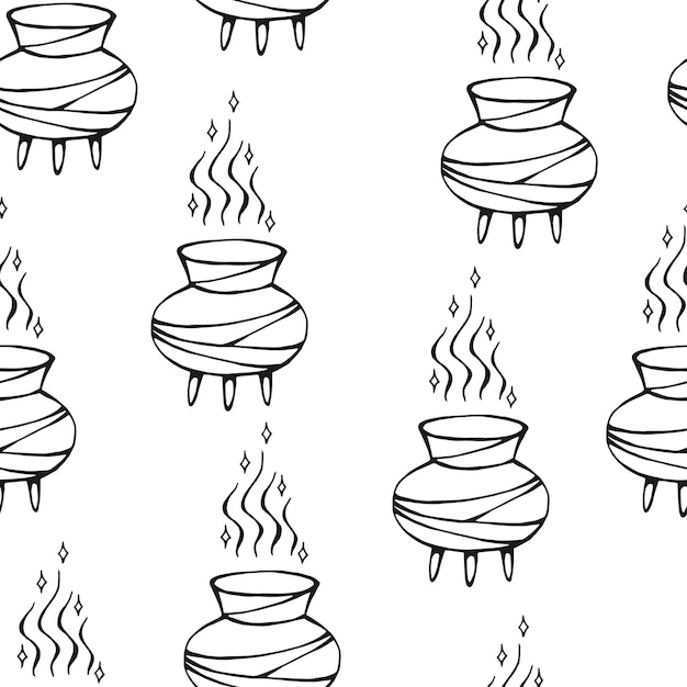 Seamless pattern with witch cauldron hand drawn vector illustration