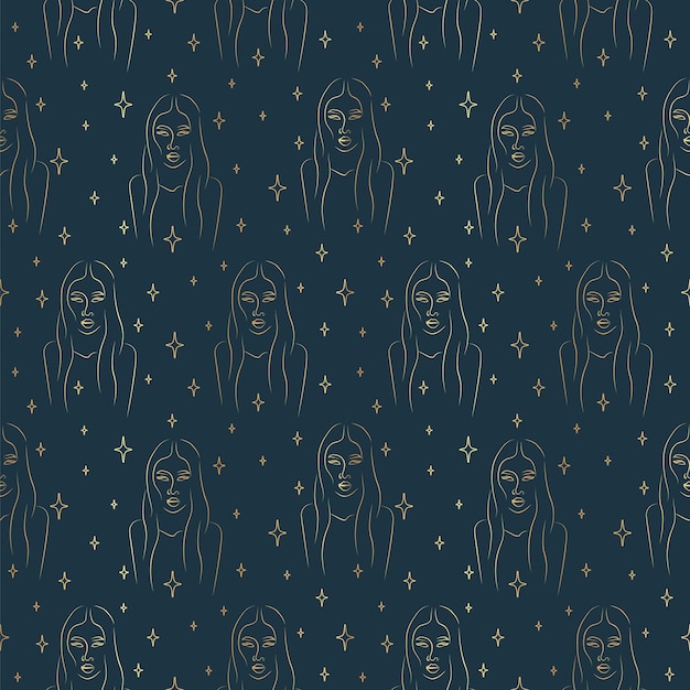 Seamless pattern with witch woman Halloween print Aesthetic esoteric and tribal bohemian artwork Vector endless texture for digital paper fabric Feminine concept