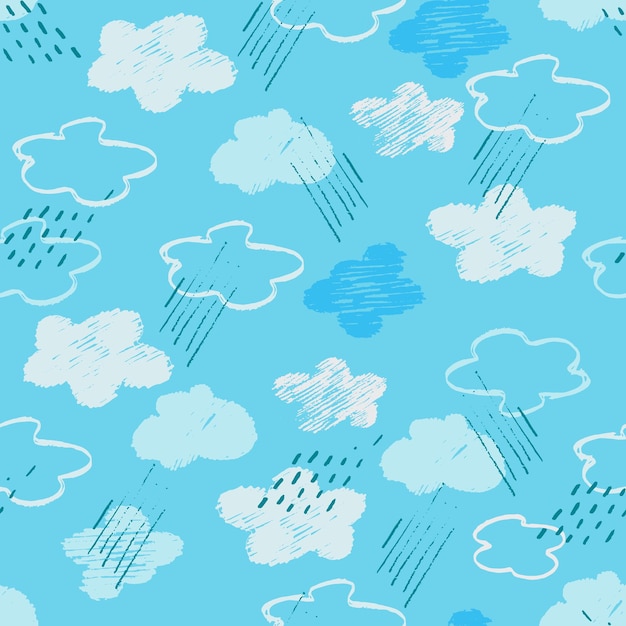 Seamless pattern with with blue sky and rainy clouds Childs drawing style Wallpaper backgound for kids Perfect for baby toddler clothing bed linen